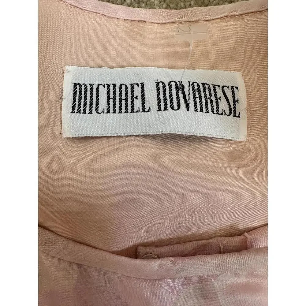 Vtg 1950s Michael Novarese Pink Satin Party Dress Puff Sleeves Couture Designer